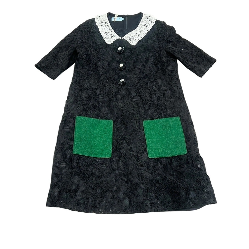 Mimisol Teen Girl's 16 Black Lace Dress‎ Collared  Jeweled Buttons Short Sleeve